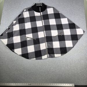 Le Moda Buffalo Plaid Fleece Poncho Cape Black White Zip Front Mock Neck OS